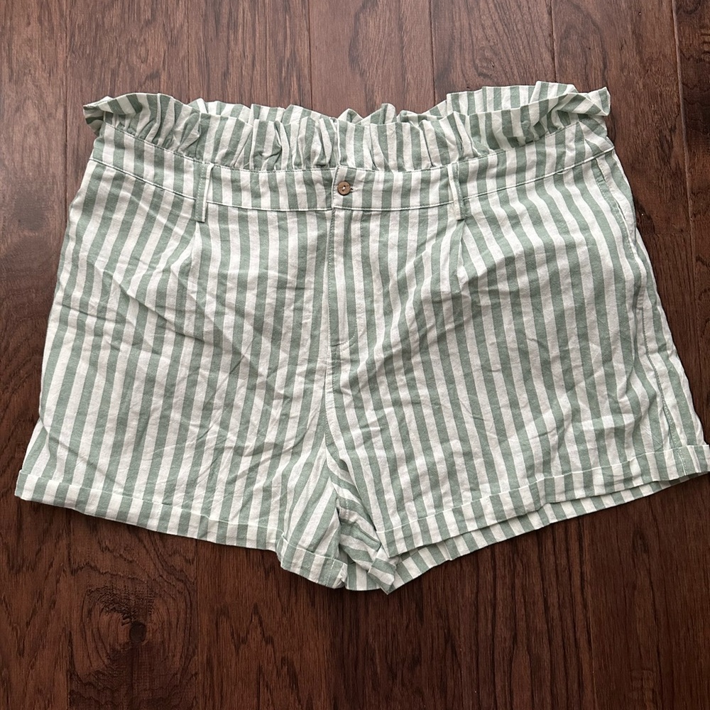 Pink Lily High Waist Green and White Striped Shorts